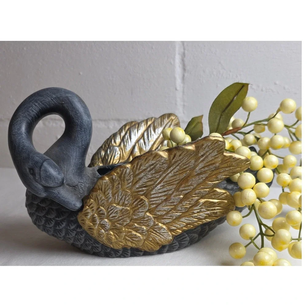 Vintage Style Charcoal Grey and Gold Swan Planter Decorative Glam